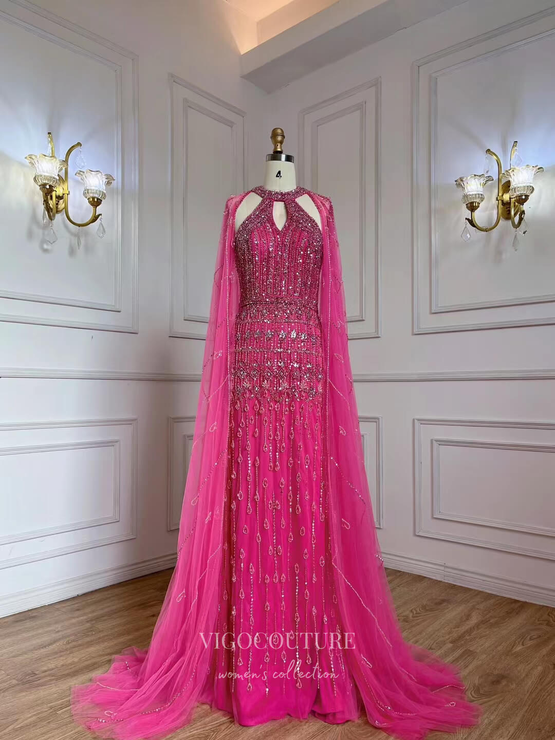 Magenta Beaded Prom Dresses Cape Sleeve 1920s Pageant Dress 22121 vigocouture Magenta Beaded Prom Dresses Cape Sleeve 1920s Pageant Dress 22121 vigocouture