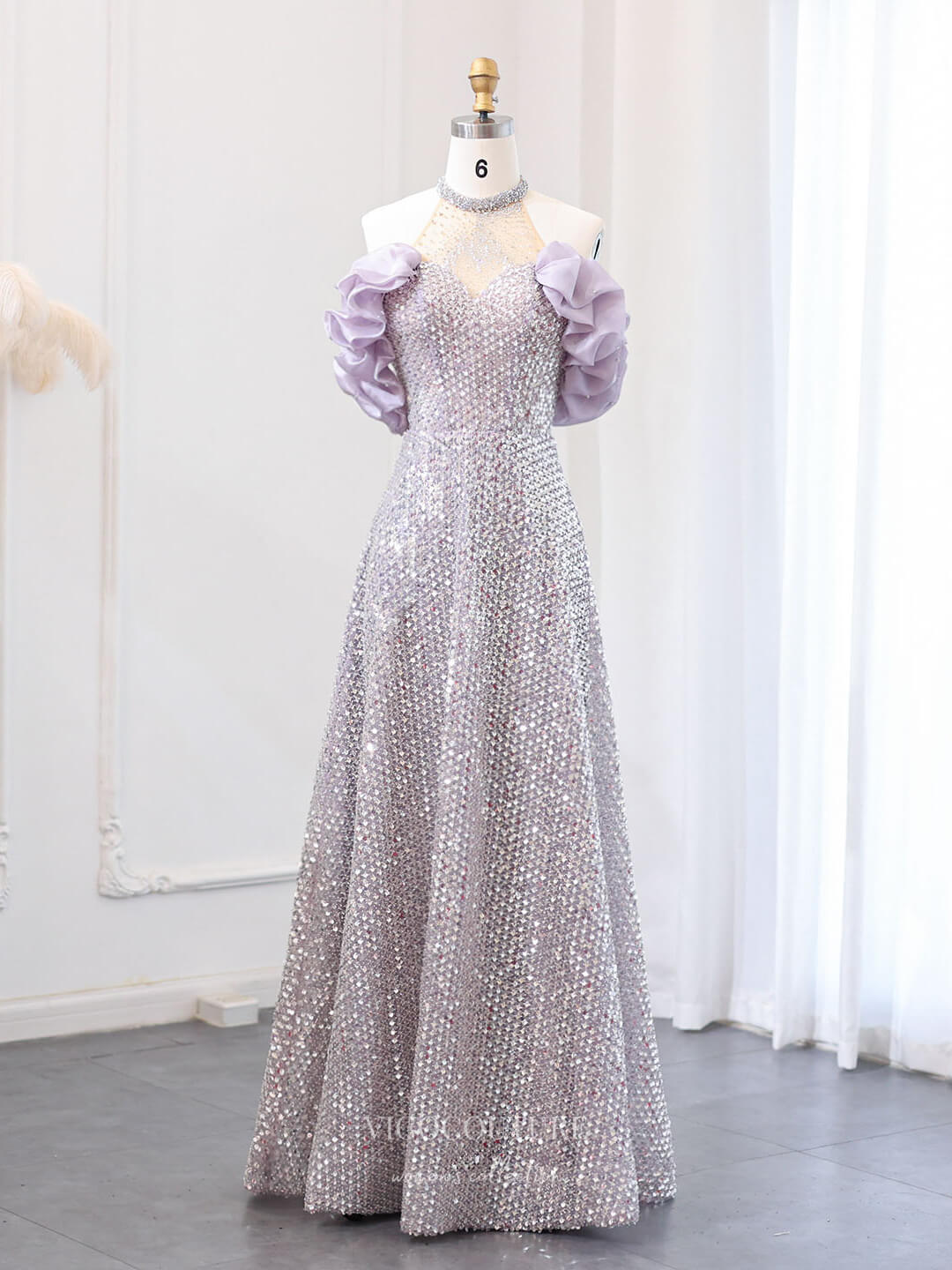 Mauve Beaded Ruffled Prom Dresses Halter Neck Pageant Dress 24438 vigocouture Mauve Beaded Ruffled Prom Dresses Halter Neck Pageant Dress 24438 vigocouture
