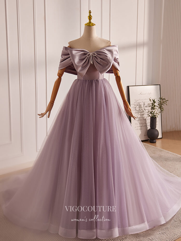 Mauve Bow-Tie Off the Shoulder Prom Dresses Shimmering Tulle Formal Go vigocouture Mauve Bow-Tie Off the Shoulder Prom Dresses Shimmering Tulle Formal Go vigocouture