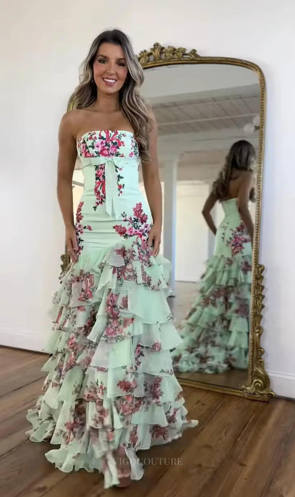 Mint Green Floral Mermaid Prom Dress with Tiered Ruffle Skirt & Bow Sash FP014 - Mint / Custom Size (Add Note in Cart) Mint Green Floral Mermaid Prom Dress with Tiered Ruffle Skirt & Bow Sash FP014 - Mint / Custom Size (Add Note in Cart)