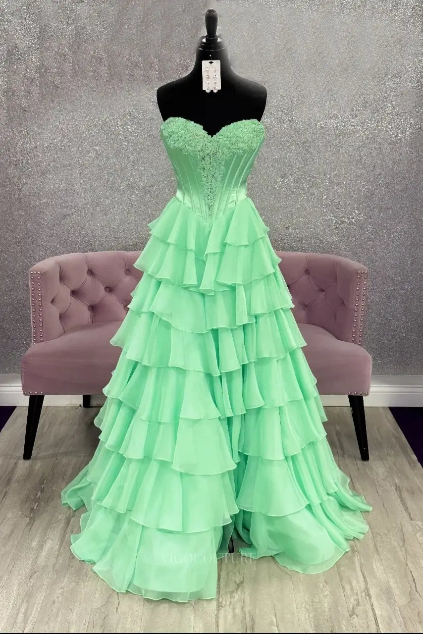 Prom Dresses 2025 to impress Mint Green Tiered Ruffle Prom Dress with Lace Sweetheart Corset Bodice and High Slit – 26158-vigocouture-vigocouture