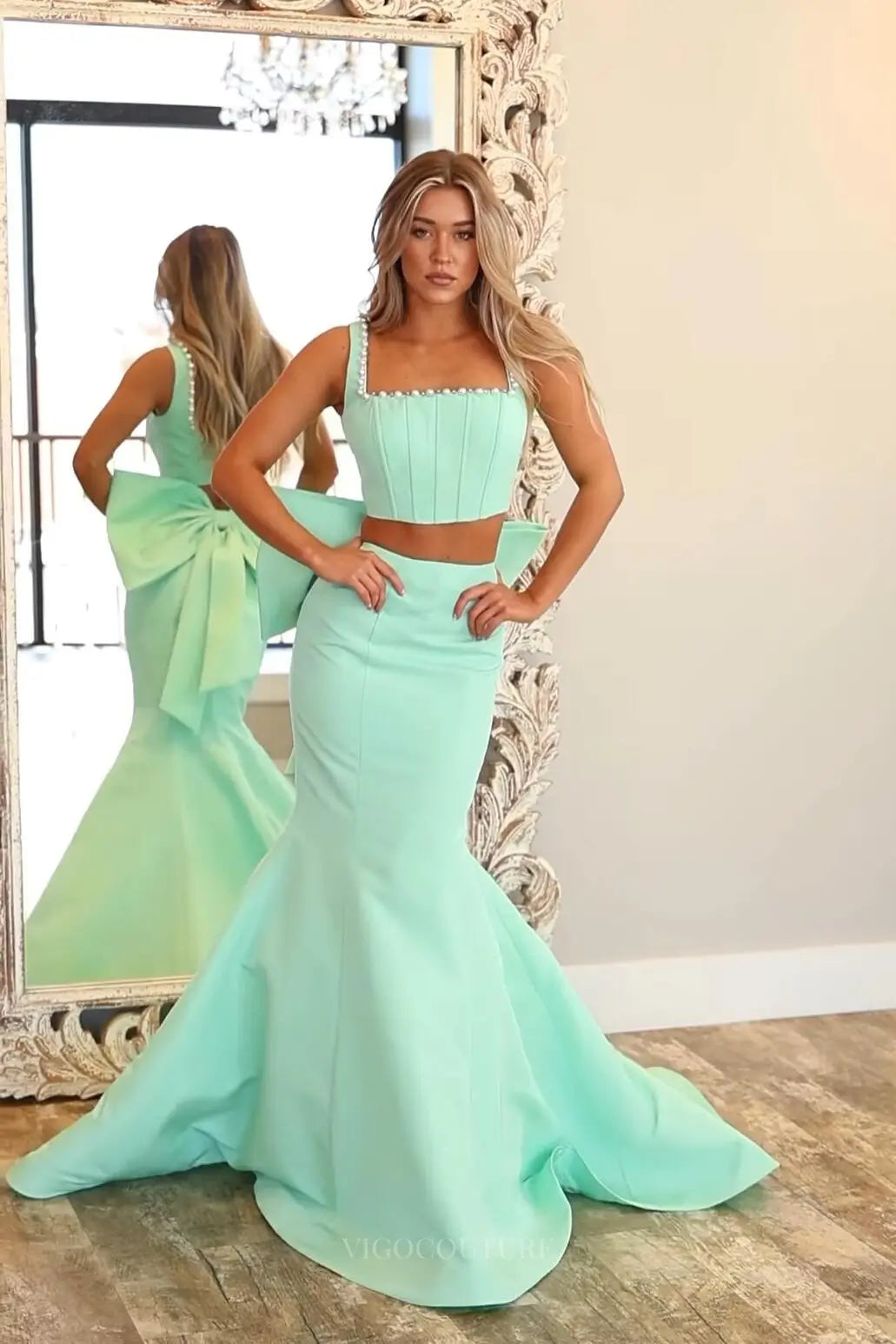 Mint Green Two Piece Mermaid Prom Dress with Pearl Trim – YS009 – vigocouture
