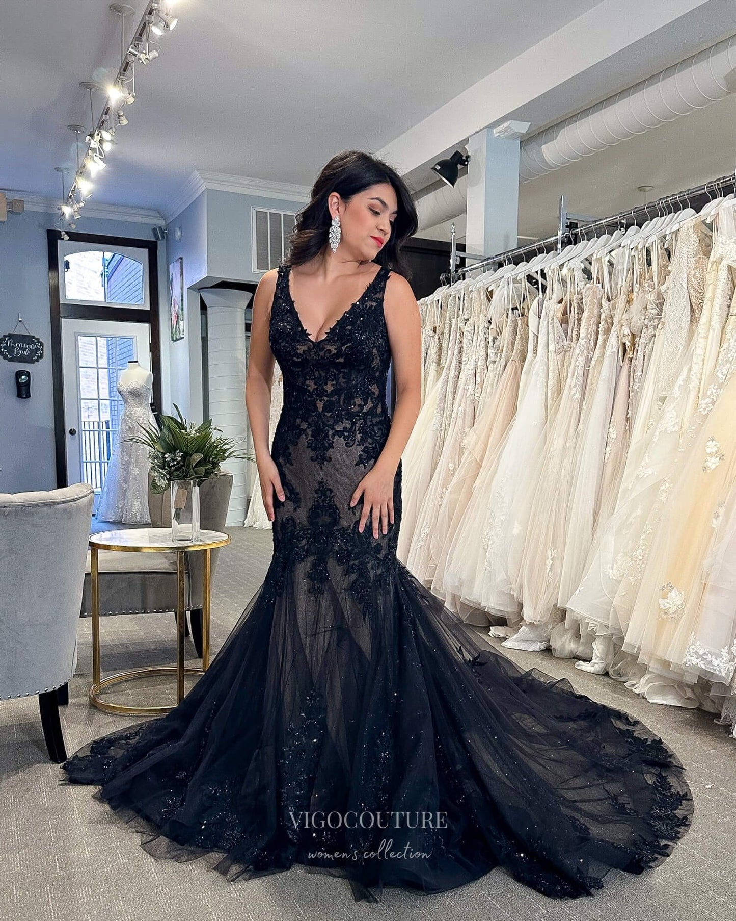 Prom Dress 2025 Navy Blue Beaded Lace Applique Prom Dresses Mermaid V-Neck Evening Dress 24038-unique elegant Prom Dresses-Navy Blue-Custom Size-vigocouture