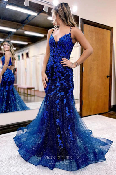 vigocouture Navy Blue Beaded Lace Mermaid Prom Dresses 2024 Spaghetti Strap 24232 Navy Blue US12