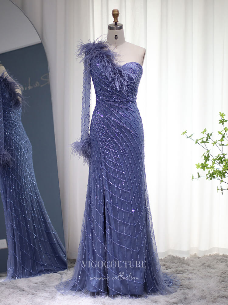 Navy Blue Beaded Prom Dresses One Shoulder Long Sleeve Evening Dress 2 vigocouture Navy Blue Beaded Prom Dresses One Shoulder Long Sleeve Evening Dress 2 vigocouture