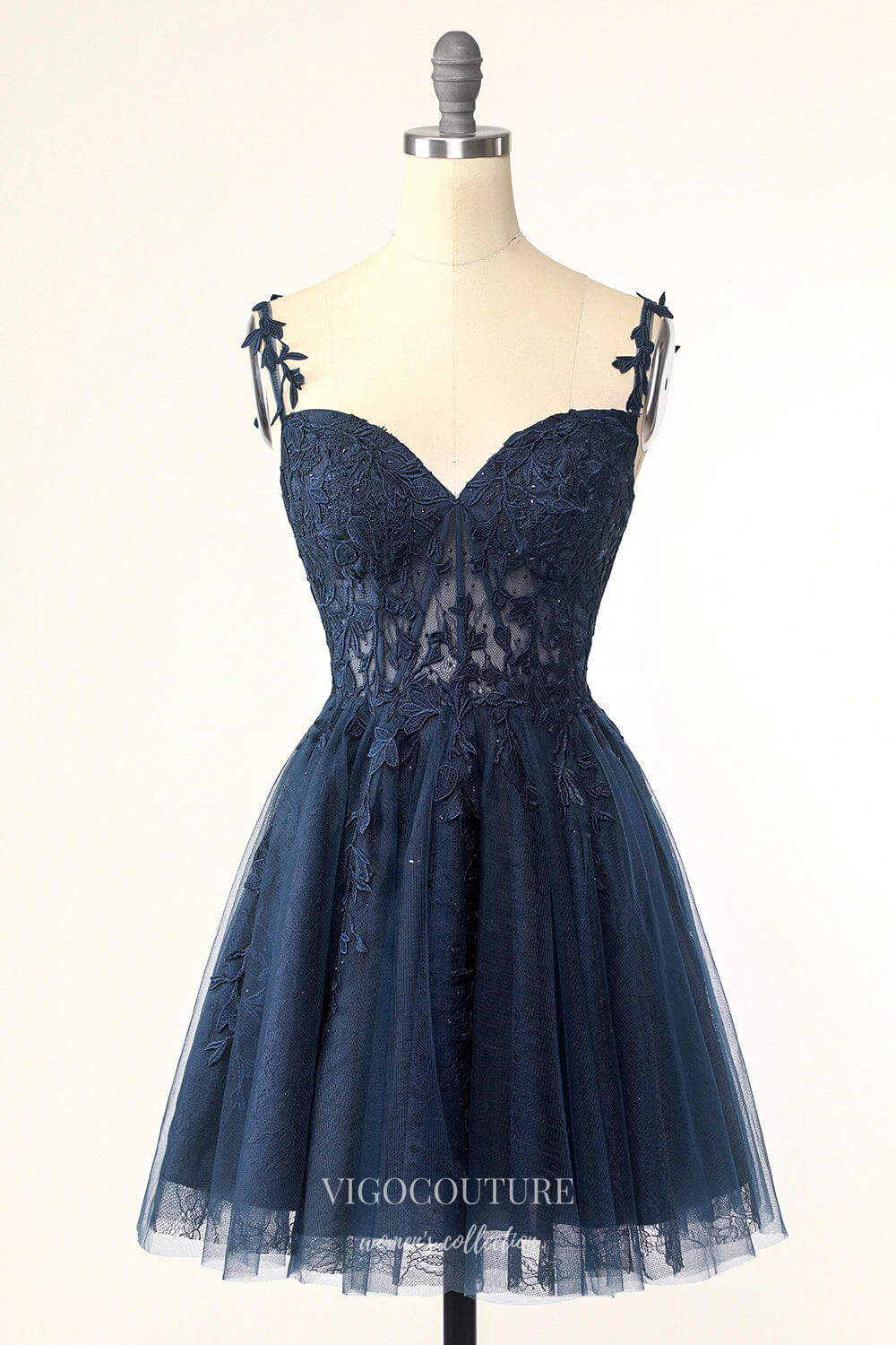Navy Blue Spaghetti Strap Homecoming Dresses Lace Applique Back to Sch vigocouture Navy Blue Spaghetti Strap Homecoming Dresses Lace Applique Back to Sch vigocouture