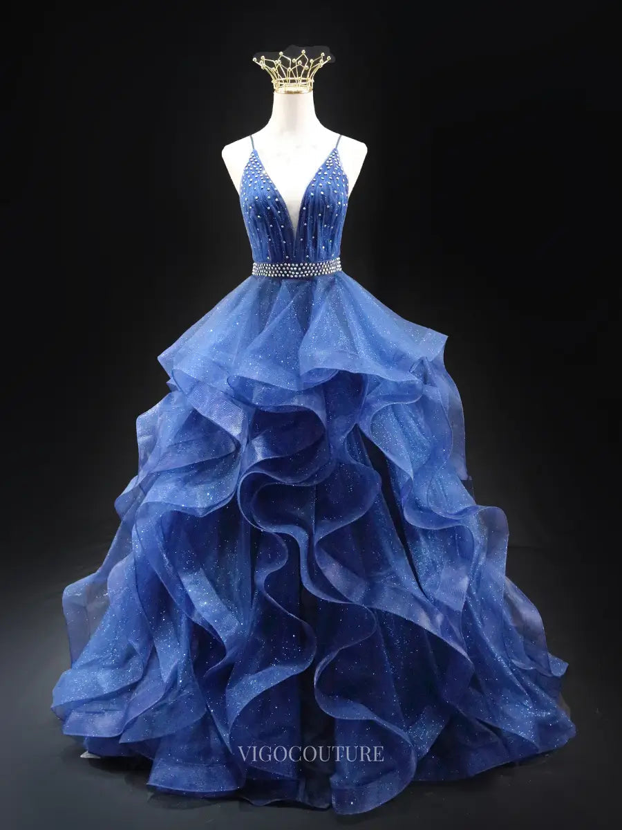 Navy Blue Sparkly Tulle Prom Dresses with Spaghetti Strap, V-Neck, Tie vigocouture Navy Blue Sparkly Tulle Prom Dresses with Spaghetti Strap, V-Neck, Tie vigocouture