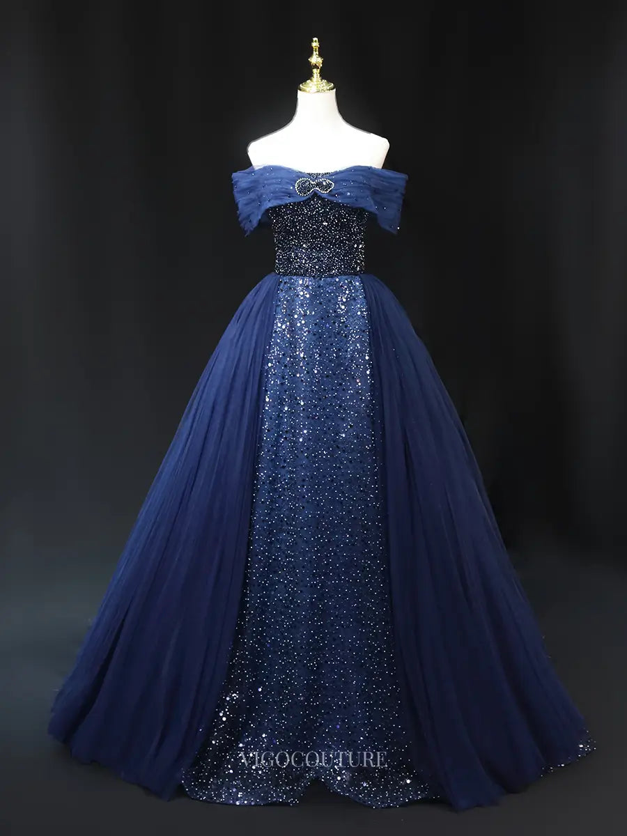 Navy Blue Tulle Prom Dresses with Overskirt, Off the Shoulder Formal D vigocouture Navy Blue Tulle Prom Dresses with Overskirt, Off the Shoulder Formal D vigocouture