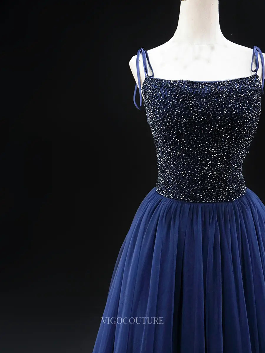 Prom Dresses 2025 to impress Navy Blue Tulle Prom Dresses with Spaghetti Strap, V-Neck, Formal Dresses SU026-vigocouture-vigocouture