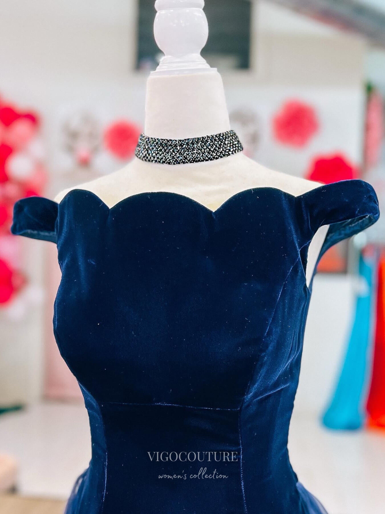 Prom Dress 2025 Navy Blue Velvet Prom Dresses with Organza Overskirt Off the Shoulder 24210-unique elegant Prom Dresses-Navy Blue-Custom Size-vigocouture