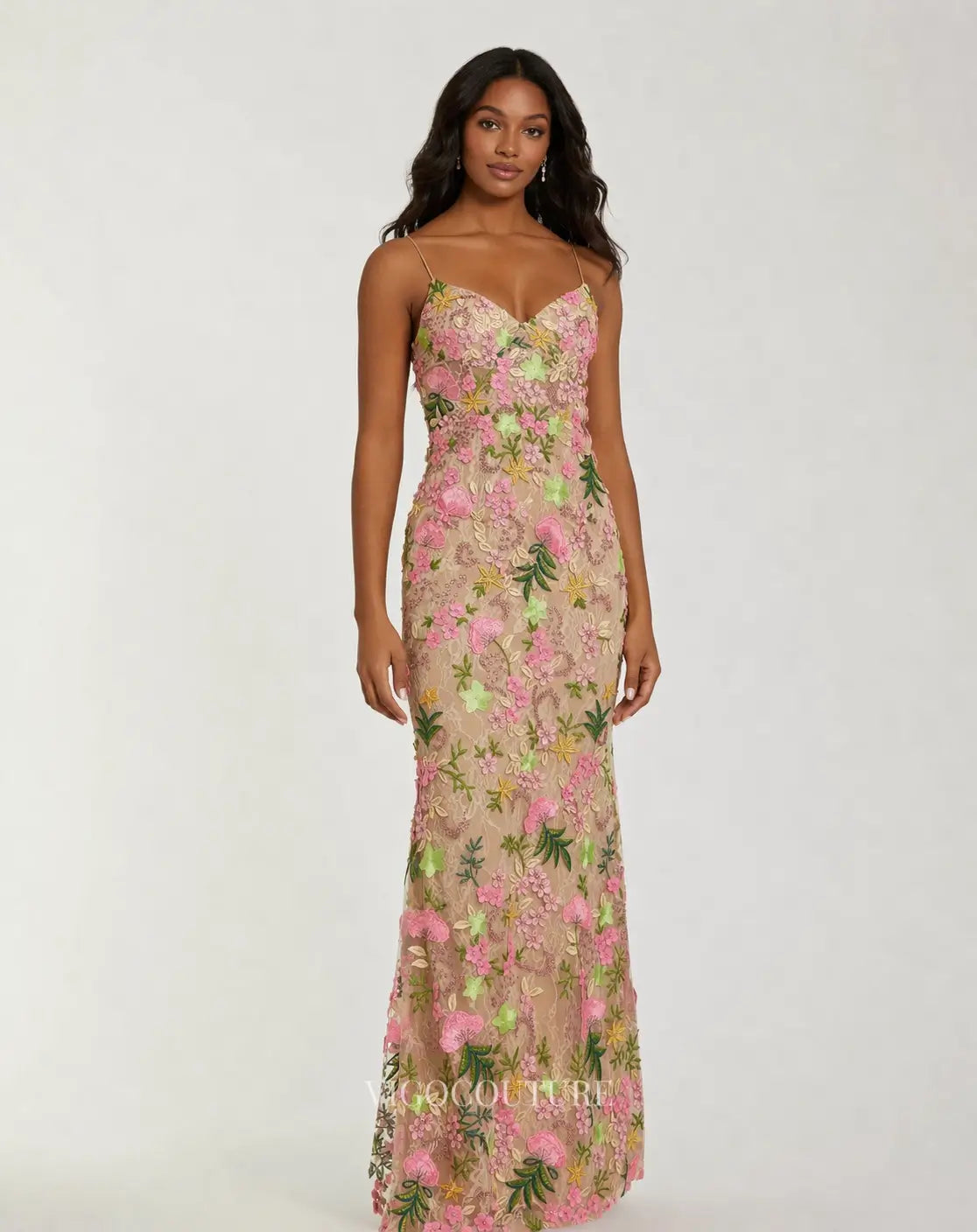 Nude Floral Mermaid Formal Dress with Spaghetti Strap – vigocouture