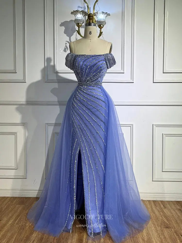 Off-Shoulder Glitter Striped Gown with Tulle Overskirt 25331 Lavender / 6 Off-Shoulder Glitter Striped Gown with Tulle Overskirt 25331 Lavender / 6