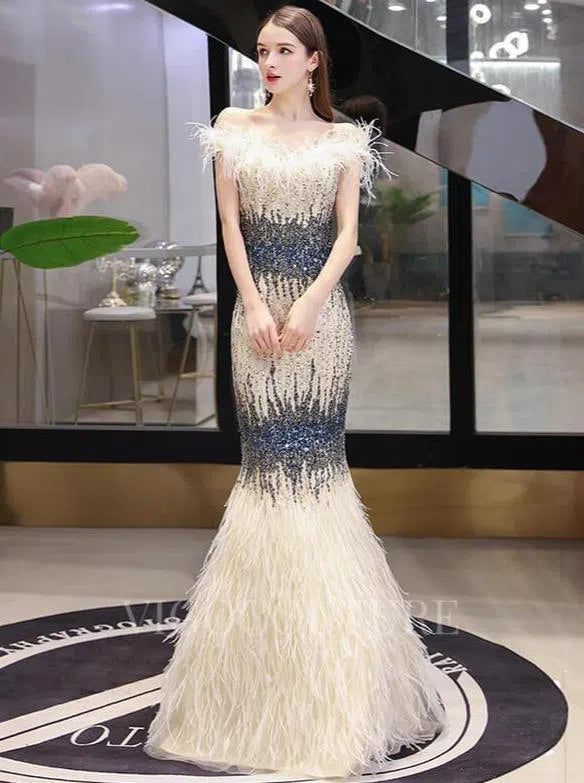 Off the Shoulder Mermaid Prom Dresses Feather Beaded Evening Dresses 20108 Champagne / US8 Off the Shoulder Mermaid Prom Dresses Feather Beaded Evening Dresses 20108 Champagne / US8