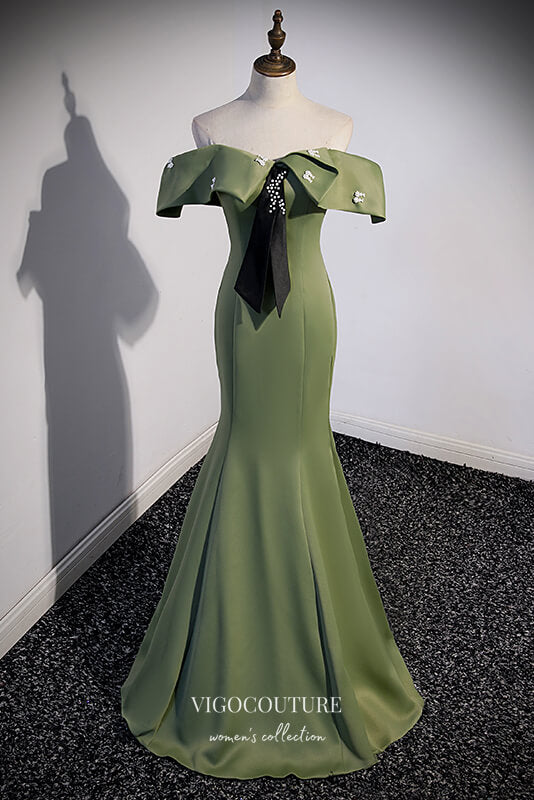 Olive Green Satin Formal Dress Mermaid Off the Shoulder Prom Dresses 2 vigocouture Olive Green Satin Formal Dress Mermaid Off the Shoulder Prom Dresses 2 vigocouture