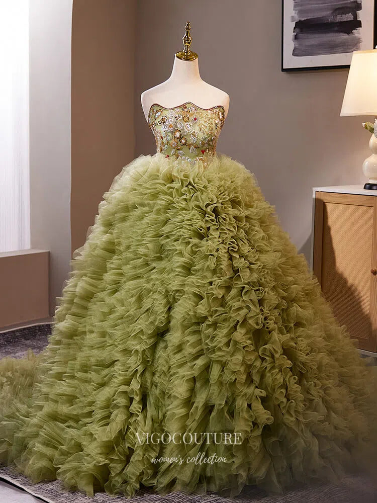 Olive Green Tiered Ruffled Quinceanera Dresses Strapless Beaded Lace Ball Gown 25038 Custom Colors / US16 Olive Green Tiered Ruffled Quinceanera Dresses Strapless Beaded Lace Ball Gown 25038 Custom Colors / US16
