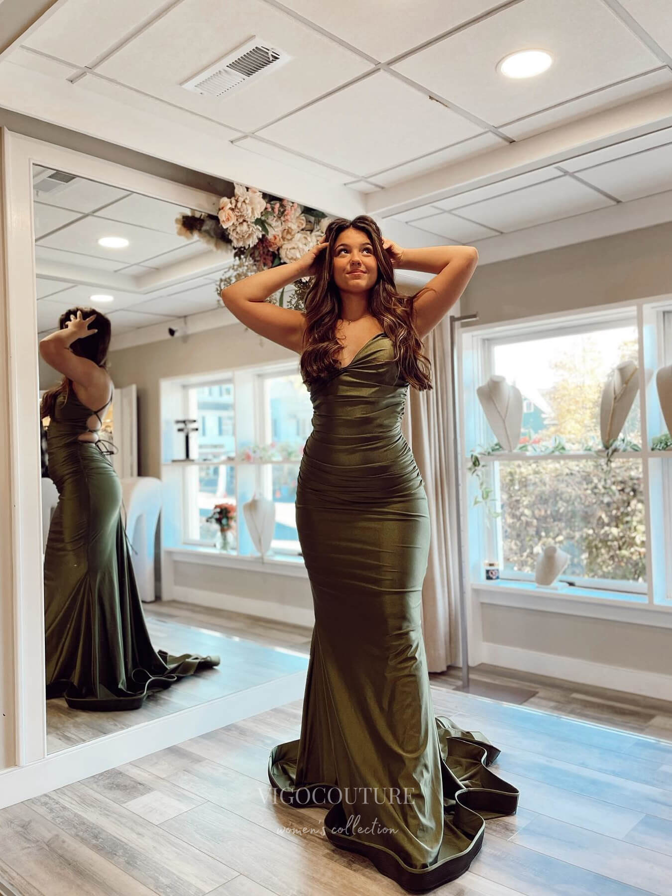 Olive Satin Mermaid Prom Dresses Spaghetti Strap Pleated Bodice 24057 Olive / US12 Olive Satin Mermaid Prom Dresses Spaghetti Strap Pleated Bodice 24057 Olive / US12