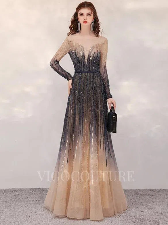 Ombre Long Sleeve Evening Dresses A-Line Beaded Prom Dresses 20087 Custom Colors / US8 Ombre Long Sleeve Evening Dresses A-Line Beaded Prom Dresses 20087 Custom Colors / US8