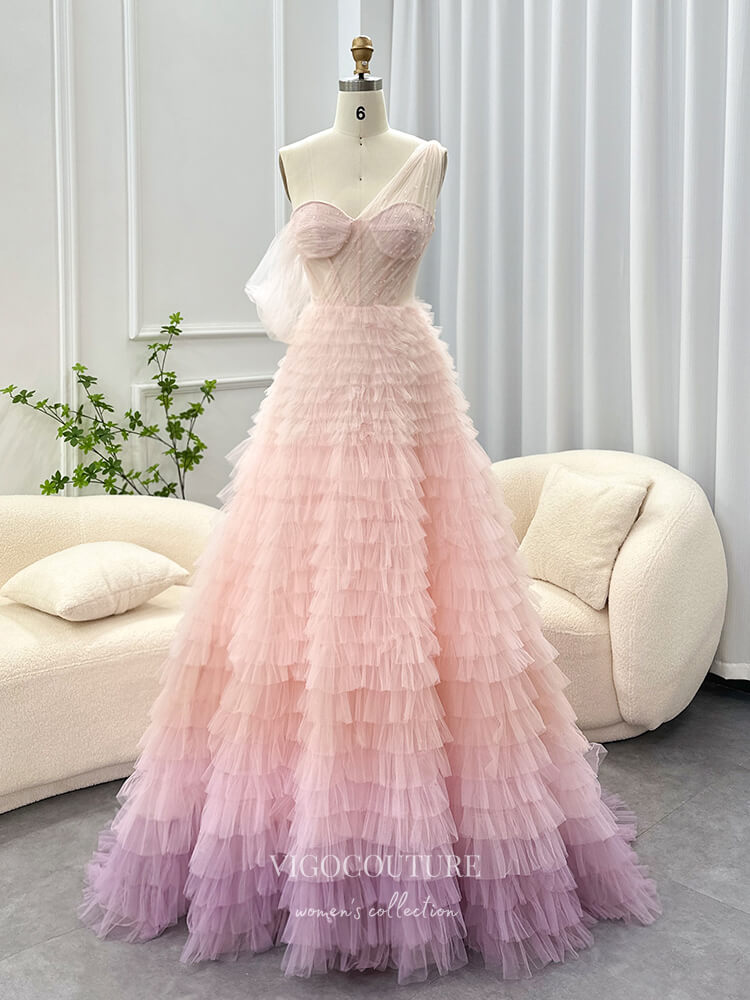 Ombre Pink Ruffled Tulle Prom Dresses One Shoulder Sheer Boned Bodice 24445 Pink / US4 Ombre Pink Ruffled Tulle Prom Dresses One Shoulder Sheer Boned Bodice 24445 Pink / US4
