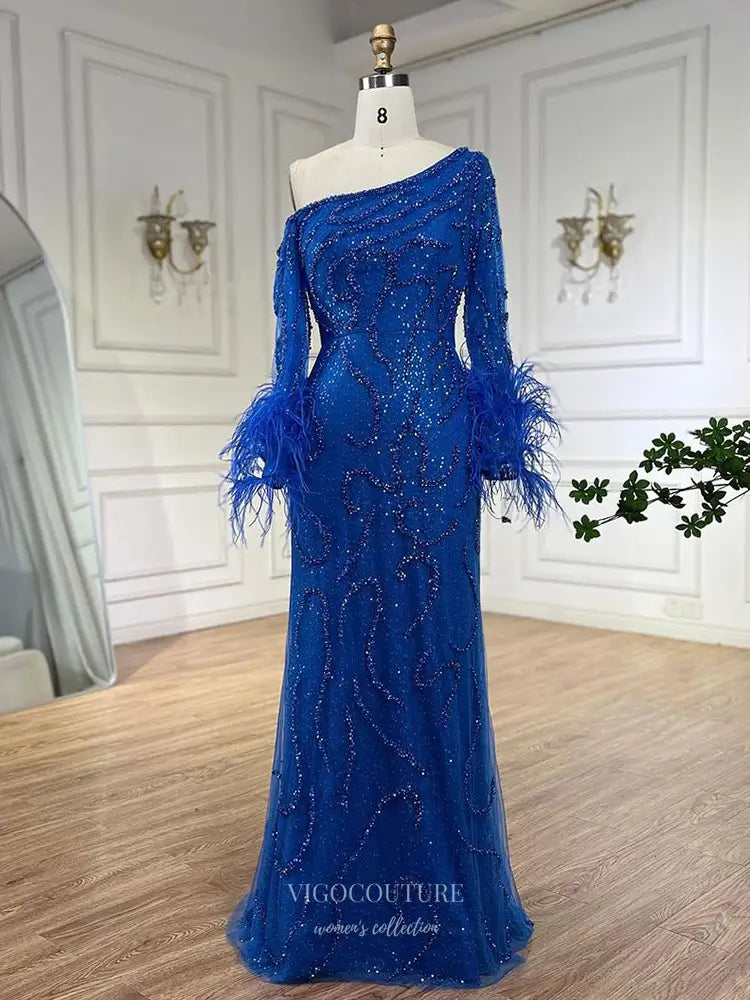 One-Shoulder Sequin Gown with Feather Cuffs Style 25328 vigocouture One-Shoulder Sequin Gown with Feather Cuffs Style 25328 vigocouture