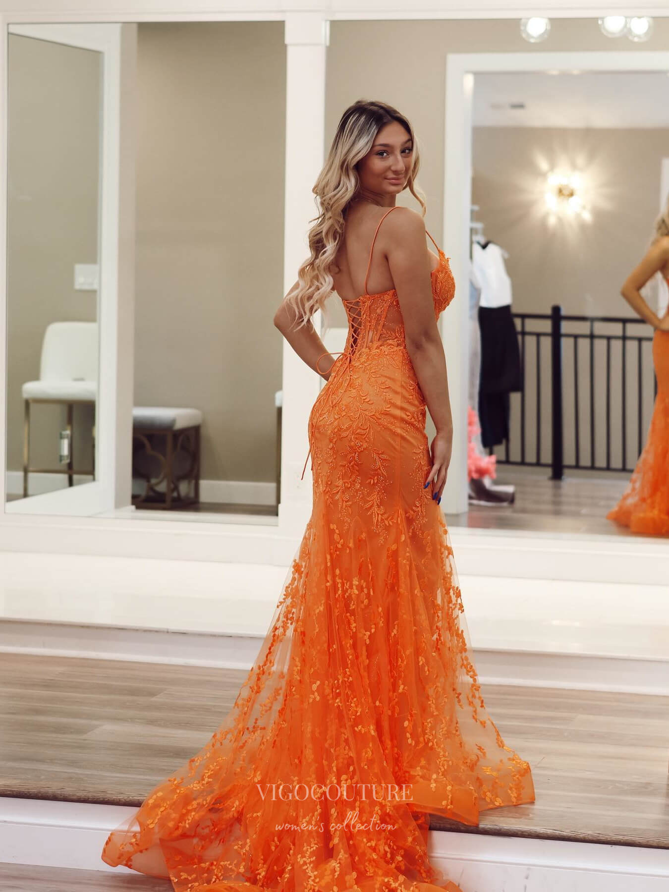 Orange Lace Mermaid Prom Dresses with Spaghetti Straps & V-Neck - 24092 Orange Lace Mermaid Prom Dresses with Spaghetti Straps & V-Neck - 24092