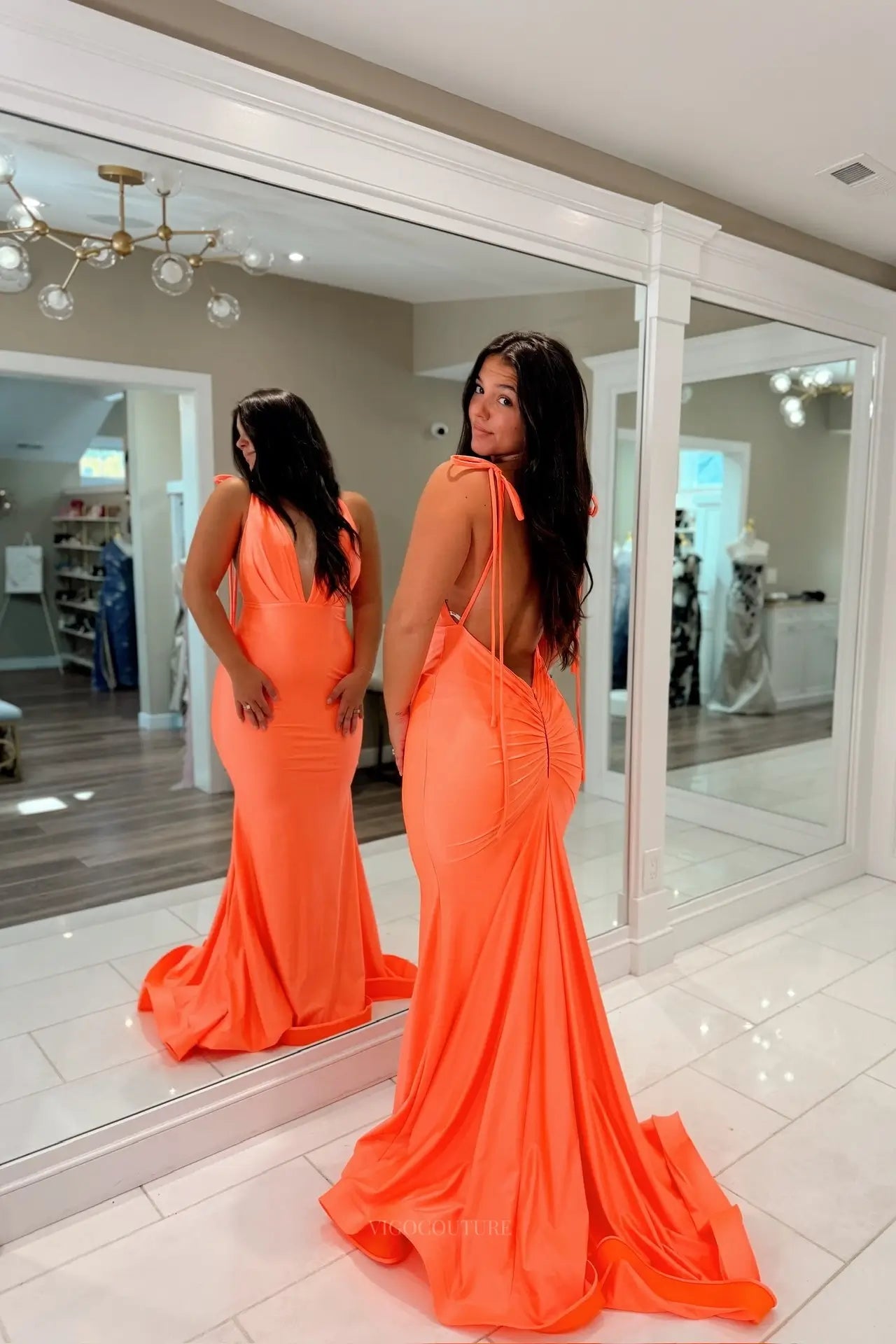 Orange Plunging V-Neck Backless Mermaid Prom Dress with Tie Straps & Ruched Back – 26077
