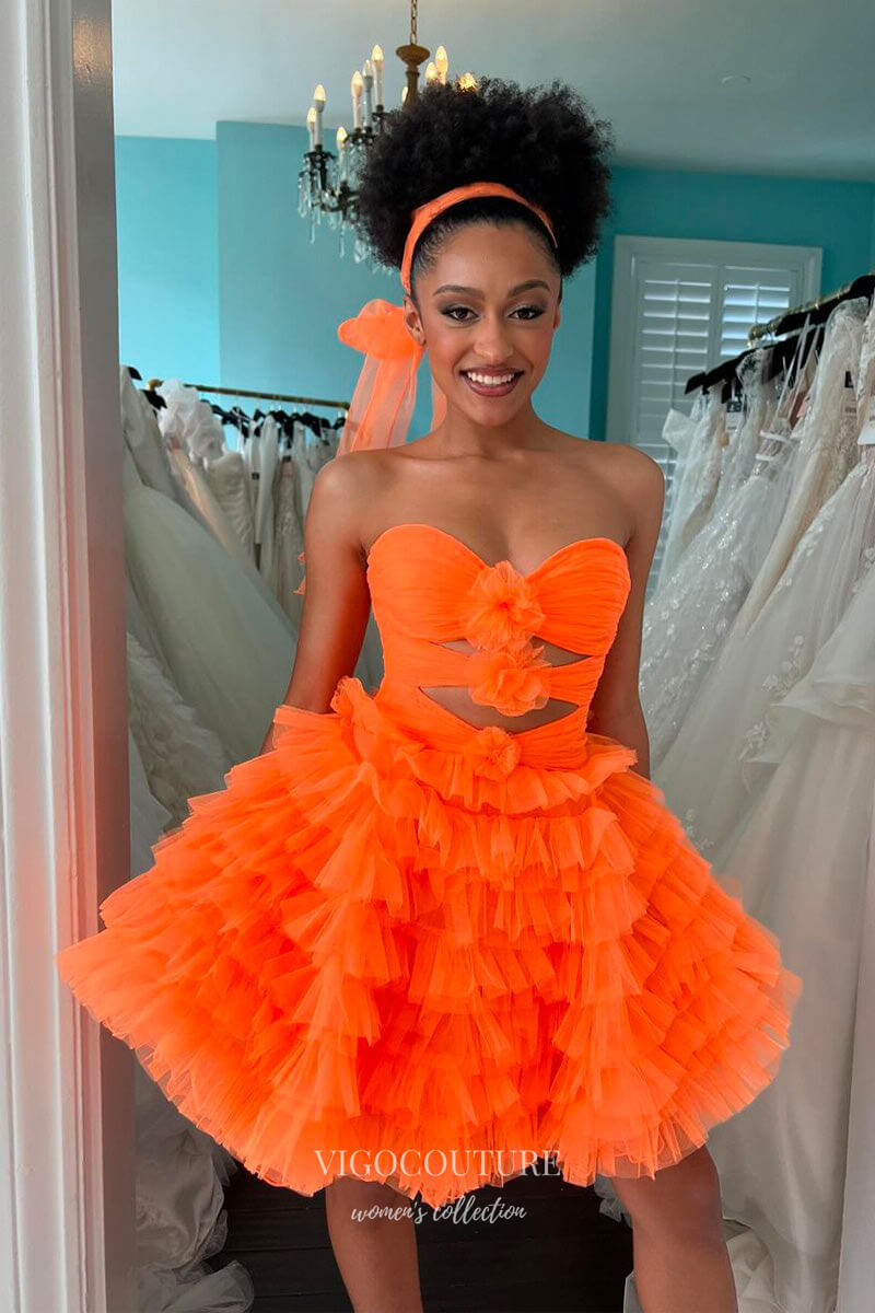 Orange Ruffled Tiered 3D Flower Homecoming Dresses Sweetheart Back to School Dress hc429 Orange Ruffled Tiered 3D Flower Homecoming Dresses Sweetheart Back to School Dress hc429