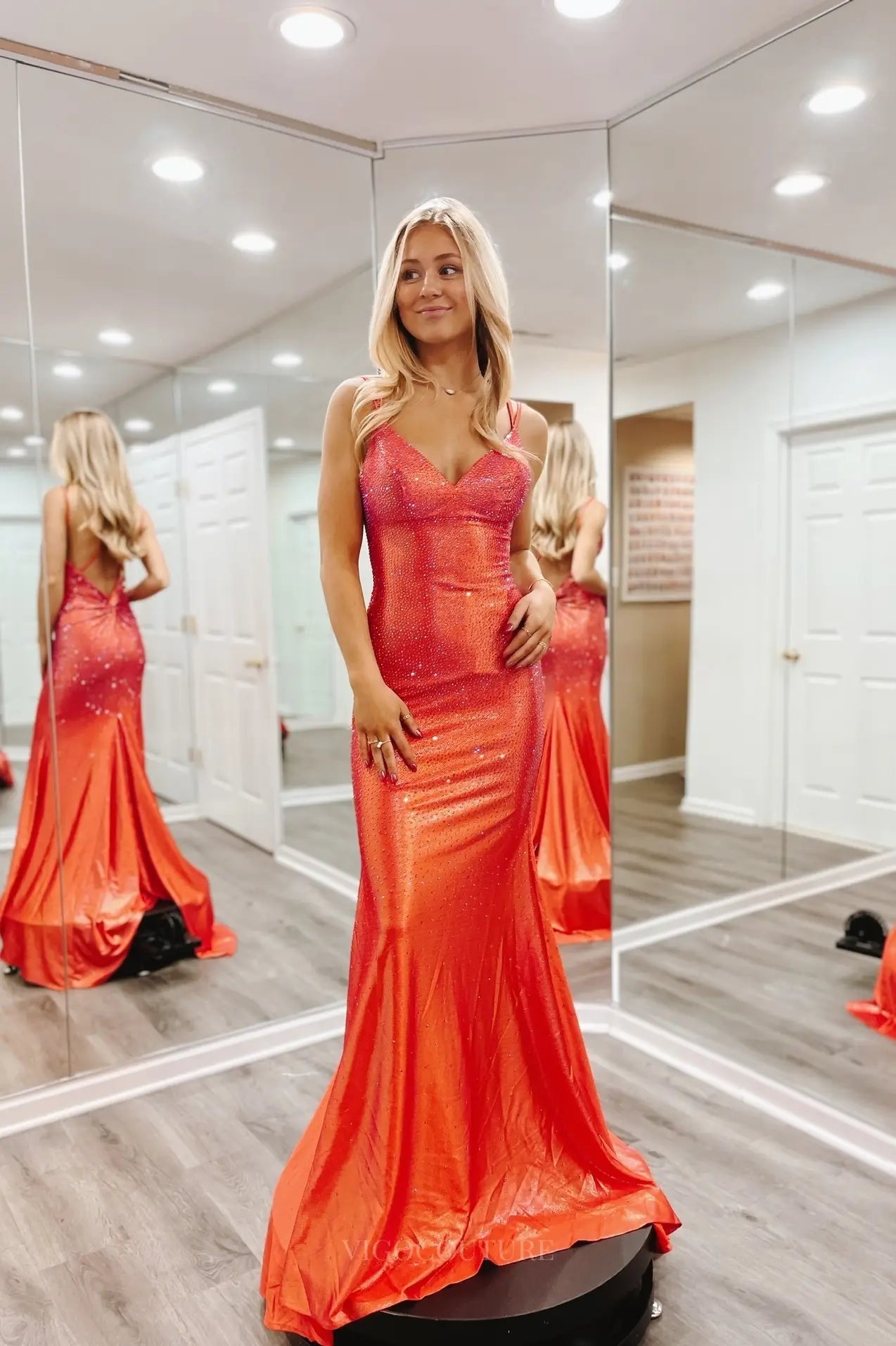 Orange Sparkly Satin Mermaid Prom Dress with Open Back – YS001 – vigocouture
