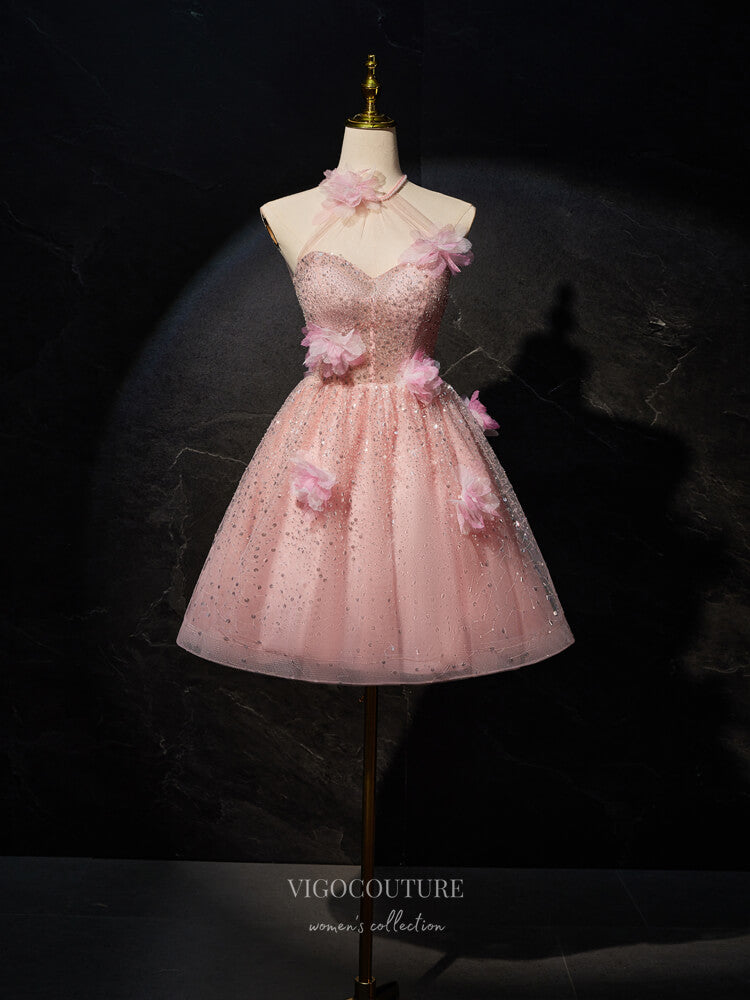 pink sparkly dresses for homecoming Pink 3D Flower Homecoming Dress Beaded Sequin Halter Neck Graduation Dress hc306 Pink / US12