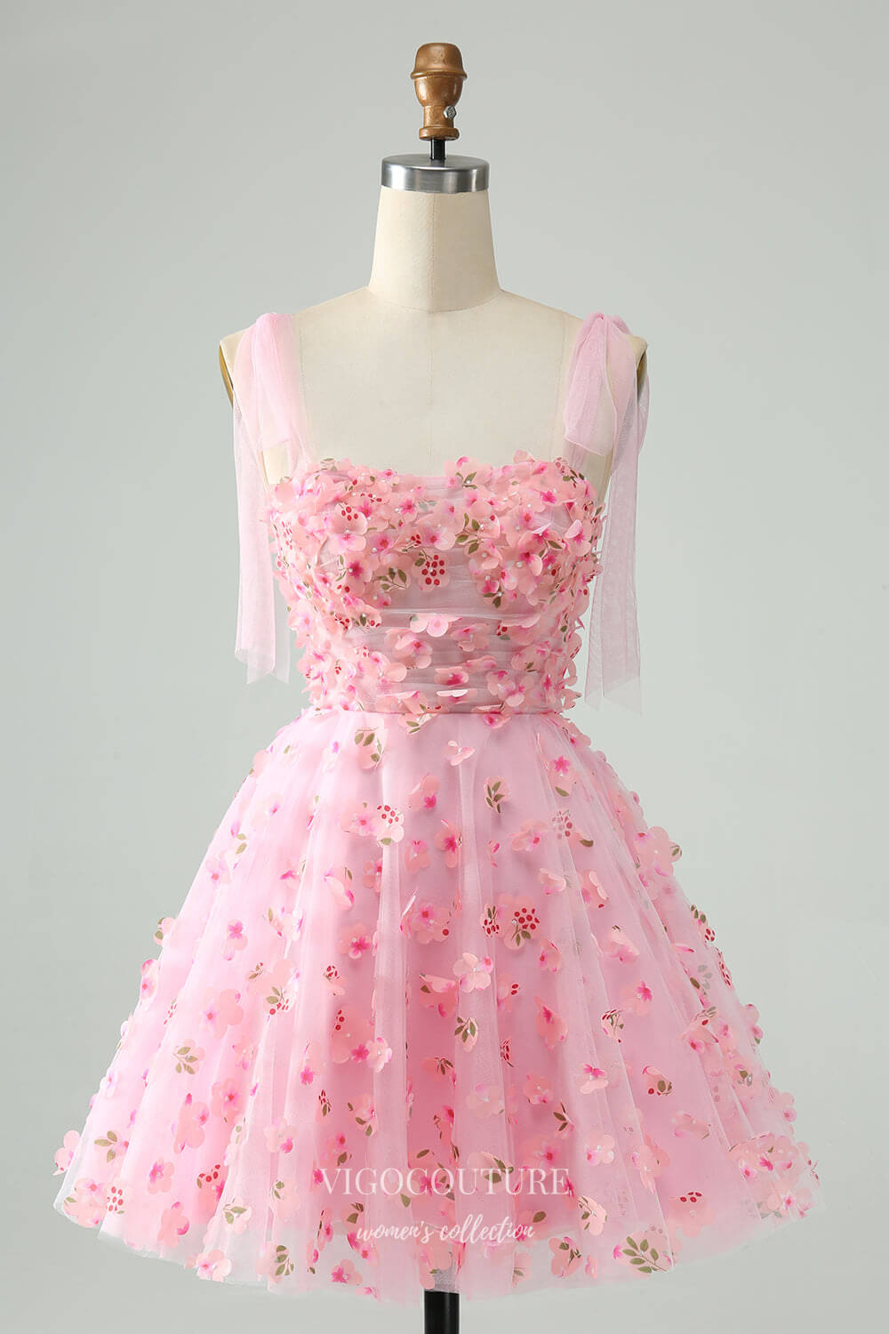 Pink 3D Flower Lace Homecoming Dresses Spaghetti Strap Back to School Dress hc388 Pink / US4