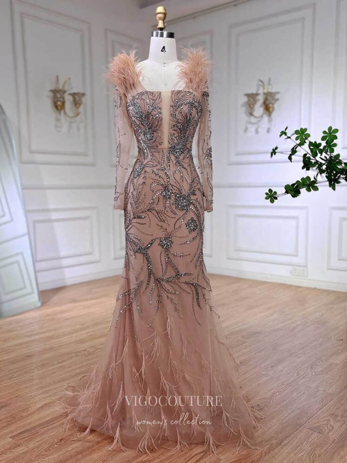 Pink Beaded Lace Mermaid Prom Dresses Feather Long Sleeve Pageant Dress 24533 Pink / US4 Pink Beaded Lace Mermaid Prom Dresses Feather Long Sleeve Pageant Dress 24533 Pink / US4
