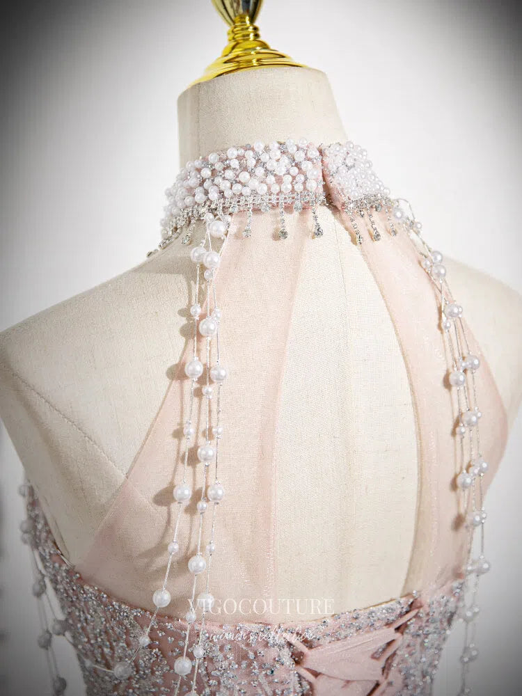 Prom Dress 2025 Pink Beaded Lace Pearl Prom Dresses 2025 Halter Neck Evening Dress 25071-unique elegant Prom Dresses-Pink-Custom Size-vigocouture