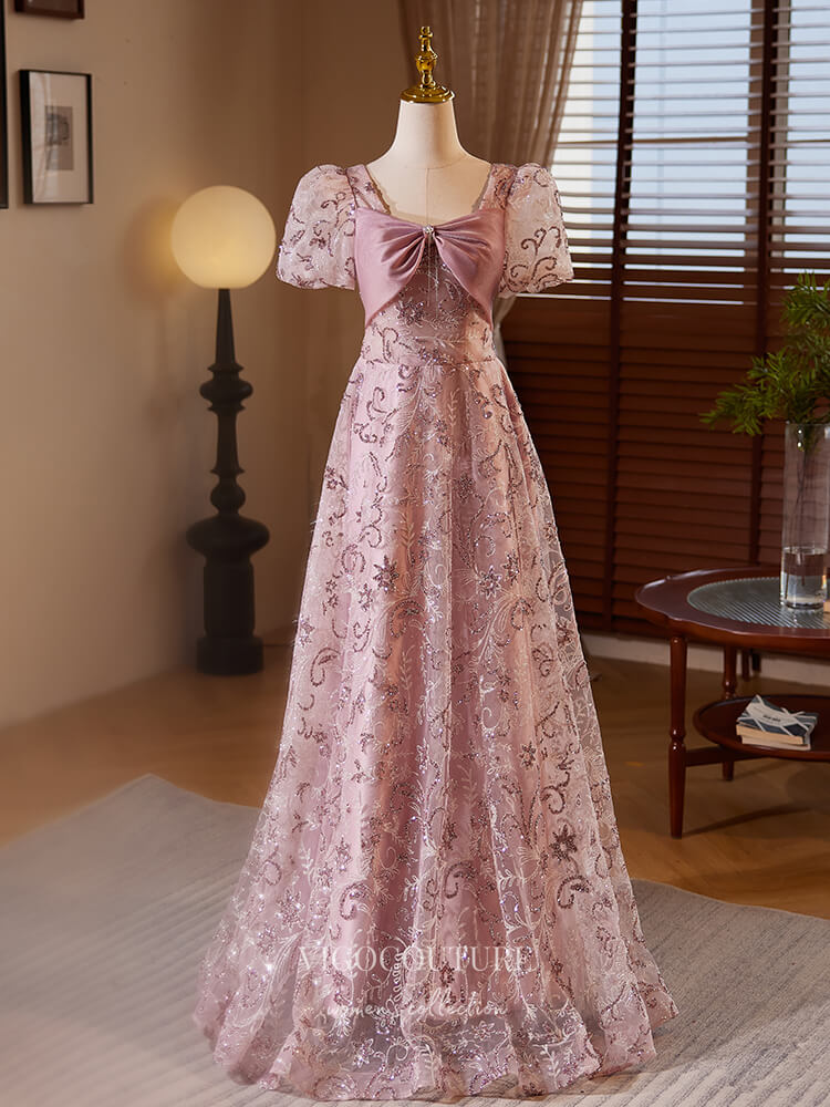 Pink Beaded Lace Prom Dresses Puffed Sleeve Bow-Tie Evening Dress 2439 vigocouture Pink Beaded Lace Prom Dresses Puffed Sleeve Bow-Tie Evening Dress 2439 vigocouture