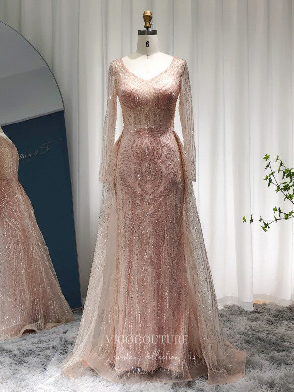 Pink Beaded Long Sleeve Prom Dresses Overskirt 1920s Pageant Dress 22154 Pink / US14 Pink Beaded Long Sleeve Prom Dresses Overskirt 1920s Pageant Dress 22154 Pink / US14