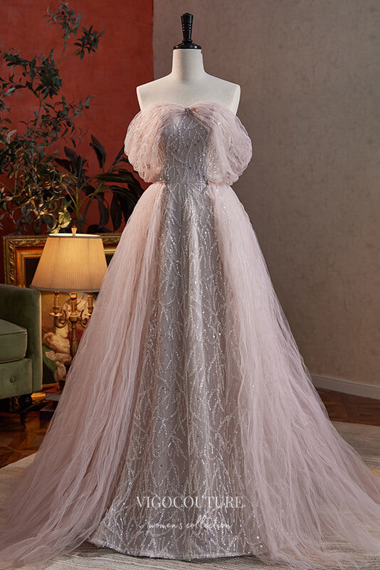 Pink Beaded Off the Shoulder Prom Dress with Pleated Overskirt 22348 vigocouture Pink Beaded Off the Shoulder Prom Dress with Pleated Overskirt 22348 vigocouture