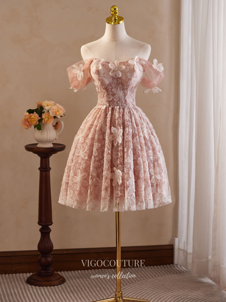 Pink Floral Lace Homecoming Dress Off the Shoulder Graduation Dress hc322 Pink / US10 Pink Floral Lace Homecoming Dress Off the Shoulder Graduation Dress hc322 Pink / US10
