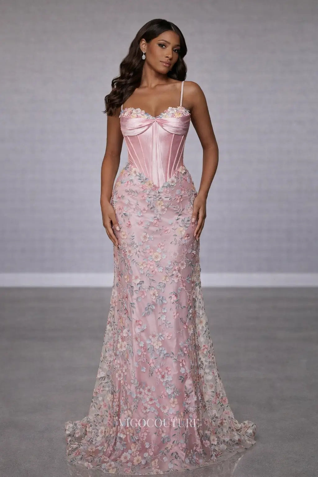 Pink Floral Mermaid Prom Dress with Satin Corset Bodice & Lace-Up Back