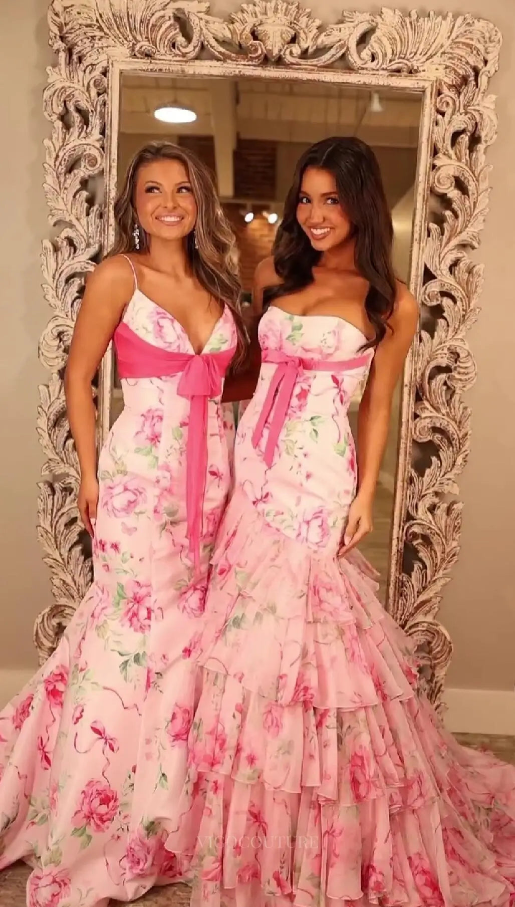 Pink Floral Print Mermaid Prom Dress with Bow & Ruffles – FP021 –  vigocouture