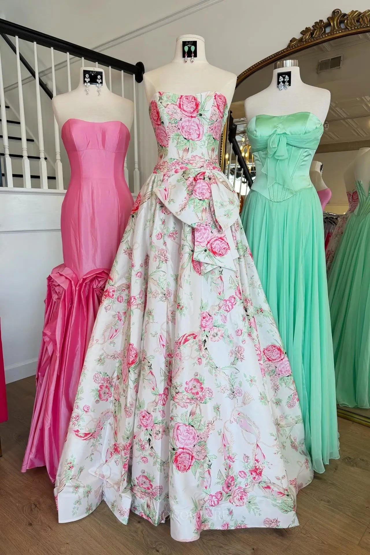 Pink Floral Print Strapless Ball Gown Prom Dress – FP009 – vigocouture