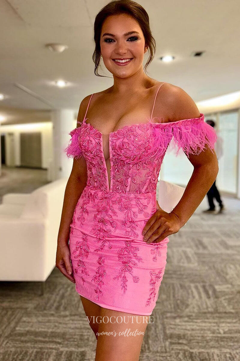 Pink Off the Shoulder Feathers Homecoming Dresses Lace Applique Bodycon Dress hc437 Pink / US6 Pink Off the Shoulder Feathers Homecoming Dresses Lace Applique Bodycon Dress hc437 Pink / US6