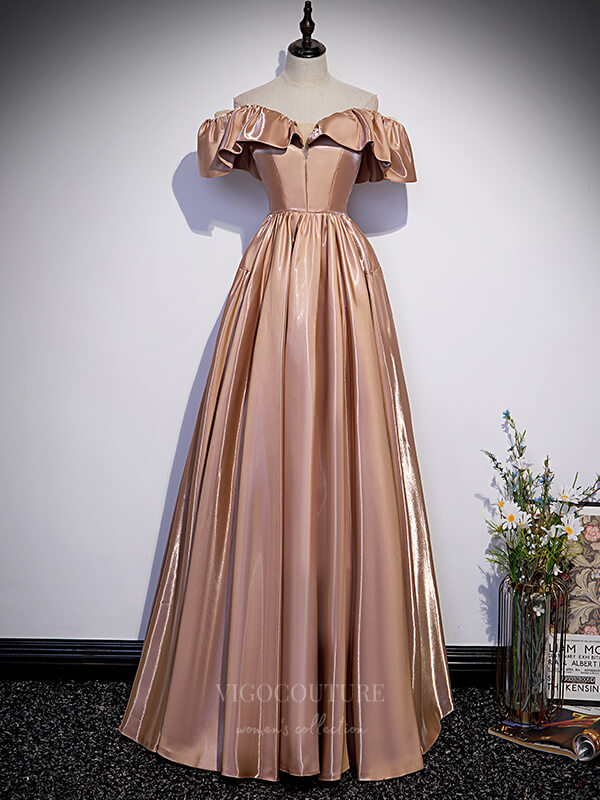 Pink Off the Shoulder Satin Prom Dress 20871 vigocouture Pink Off the Shoulder Satin Prom Dress 20871 vigocouture