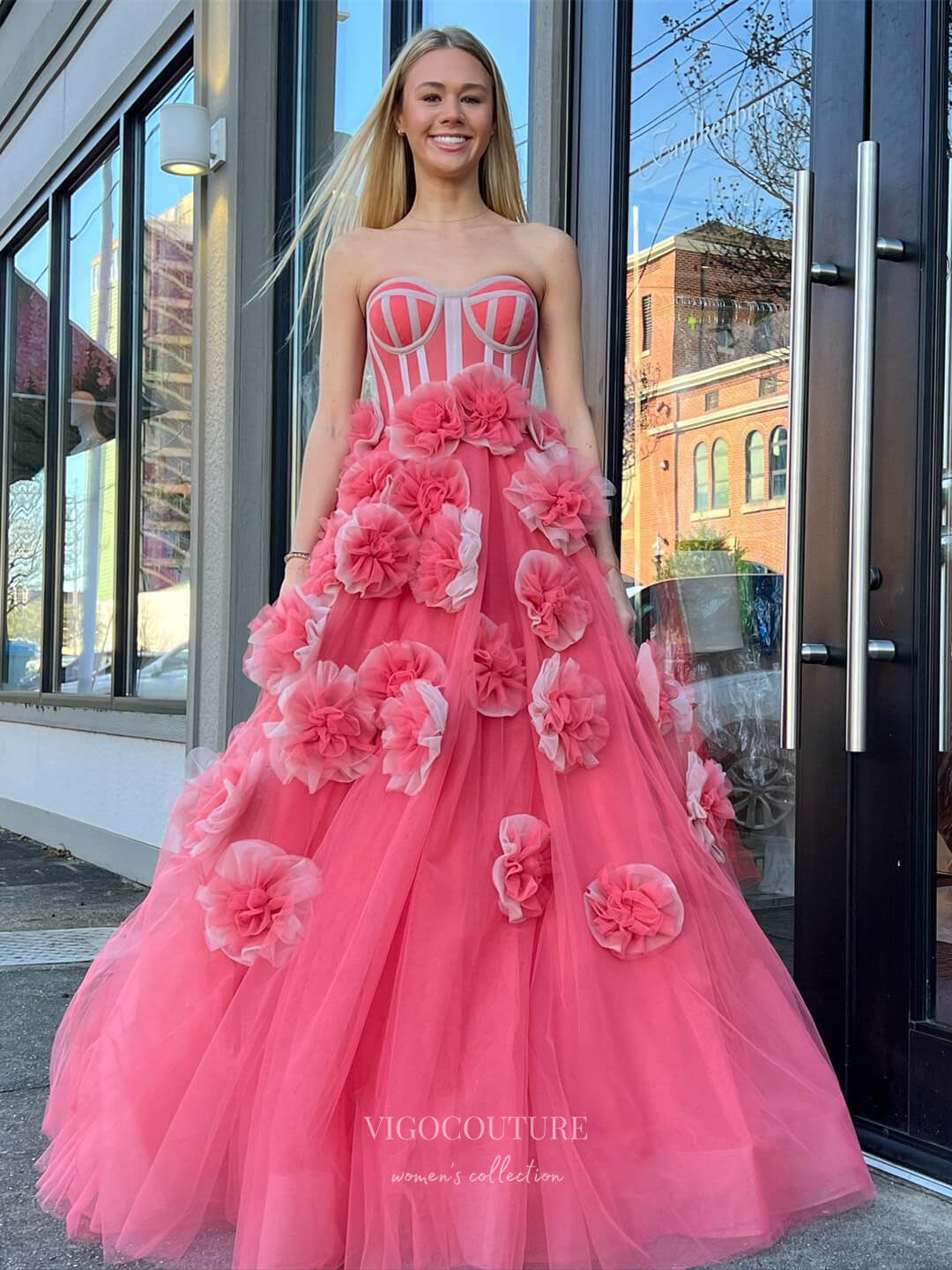 flower 3d dress Pink Rose Blossom 3D Flower Prom Dresses 2024 Strapless Quinceanera Dress 24245 Pink / 18W