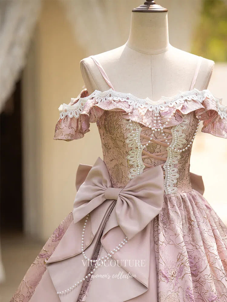 Prom Dress 2025 Pink Ruffled Bow-Tie Vintage Princess Dress Jacquard Satin Lace Quinceanera Dresses 25040-unique elegant Prom Dresses-Pink-Custom Size-vigocouture