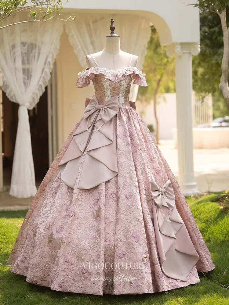 Pink Ruffled Bow-Tie Vintage Princess Dress Jacquard Satin Lace Quince vigocouture Pink Ruffled Bow-Tie Vintage Princess Dress Jacquard Satin Lace Quince vigocouture