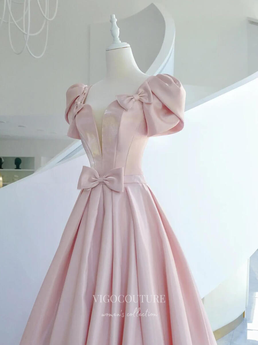Pink Satin Prom Dresses Puffed Sleeve Formal Dresses 21041 - Pink / US16 Pink Satin Prom Dresses Puffed Sleeve Formal Dresses 21041 - Pink / US16