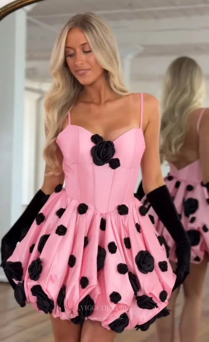 Prom Dresses 2025 to impress Pink Satin Spaghetti Strap Homecoming Dress with Black 3D Floral Appliqués and Bubble Skirt – HC504-vigocouture-vigocouture