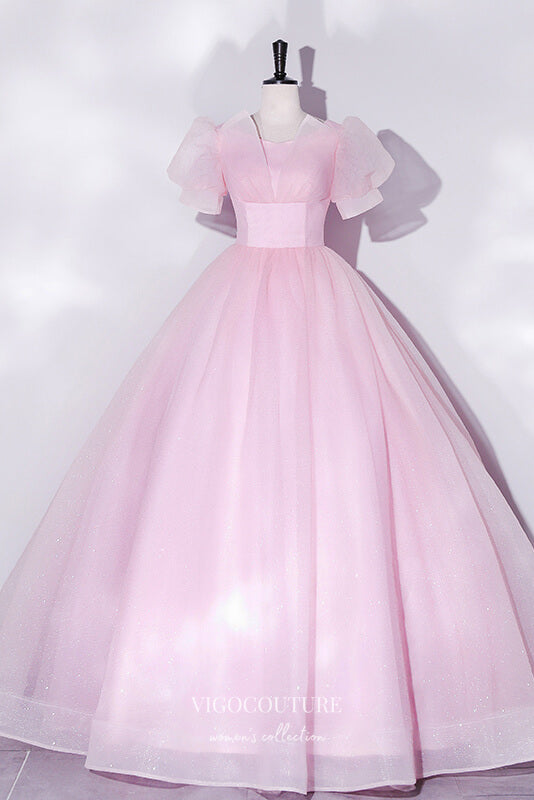 Pink Shimmering Sparkly Tulle Prom Dress with Puffed Sleeve 22335 - Pink / US0 Pink Shimmering Sparkly Tulle Prom Dress with Puffed Sleeve 22335 - Pink / US0