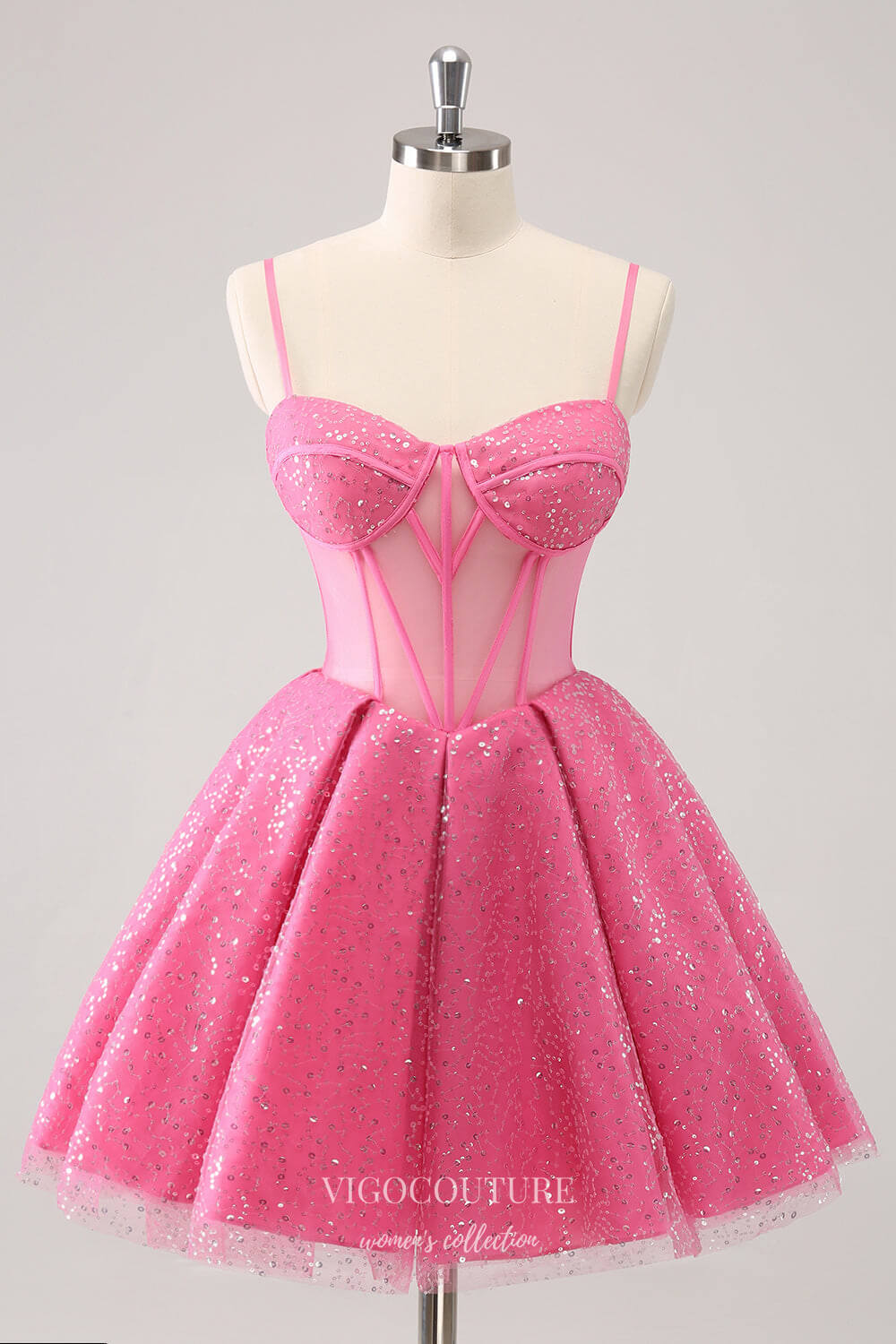 Pink Spaghetti Strap Sheer Homecoming Dresses Sparkly Tulle Graduation Dress hc378 Pink / Custom Size Pink Spaghetti Strap Sheer Homecoming Dresses Sparkly Tulle Graduation Dress hc378 Pink / Custom Size