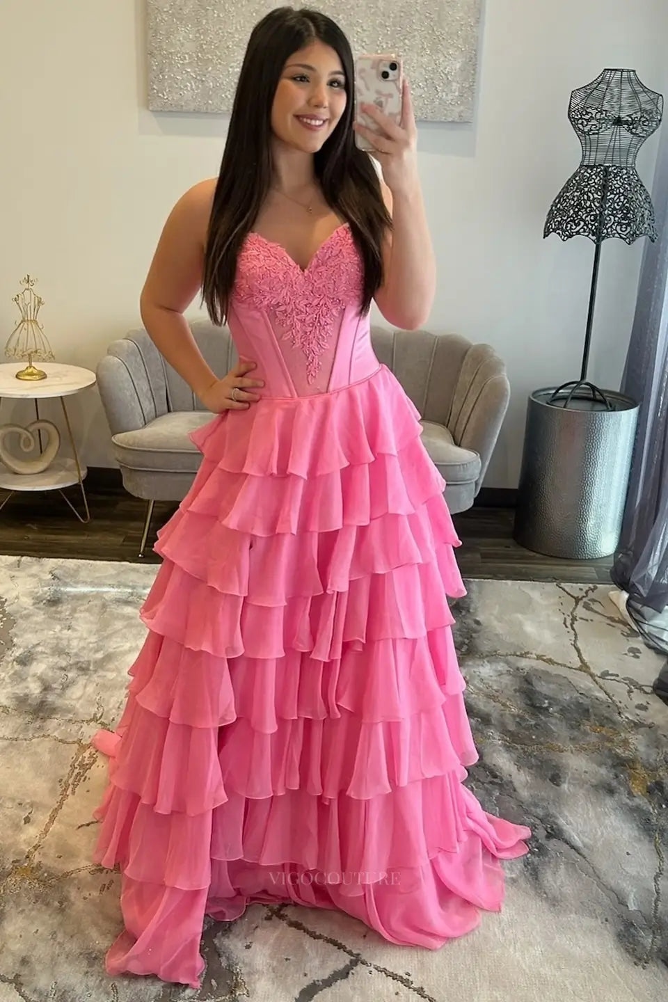 Pink Tiered Ruffle Prom Dress with Lace Corset Bodice, Front Slit & Sweetheart Neckline 26151 - Custom Colors(Add Note in Cart) / US 2 Pink Tiered Ruffle Prom Dress with Lace Corset Bodice, Front Slit & Sweetheart Neckline 26151 - Custom Colors(Add Note in Cart) / US 2