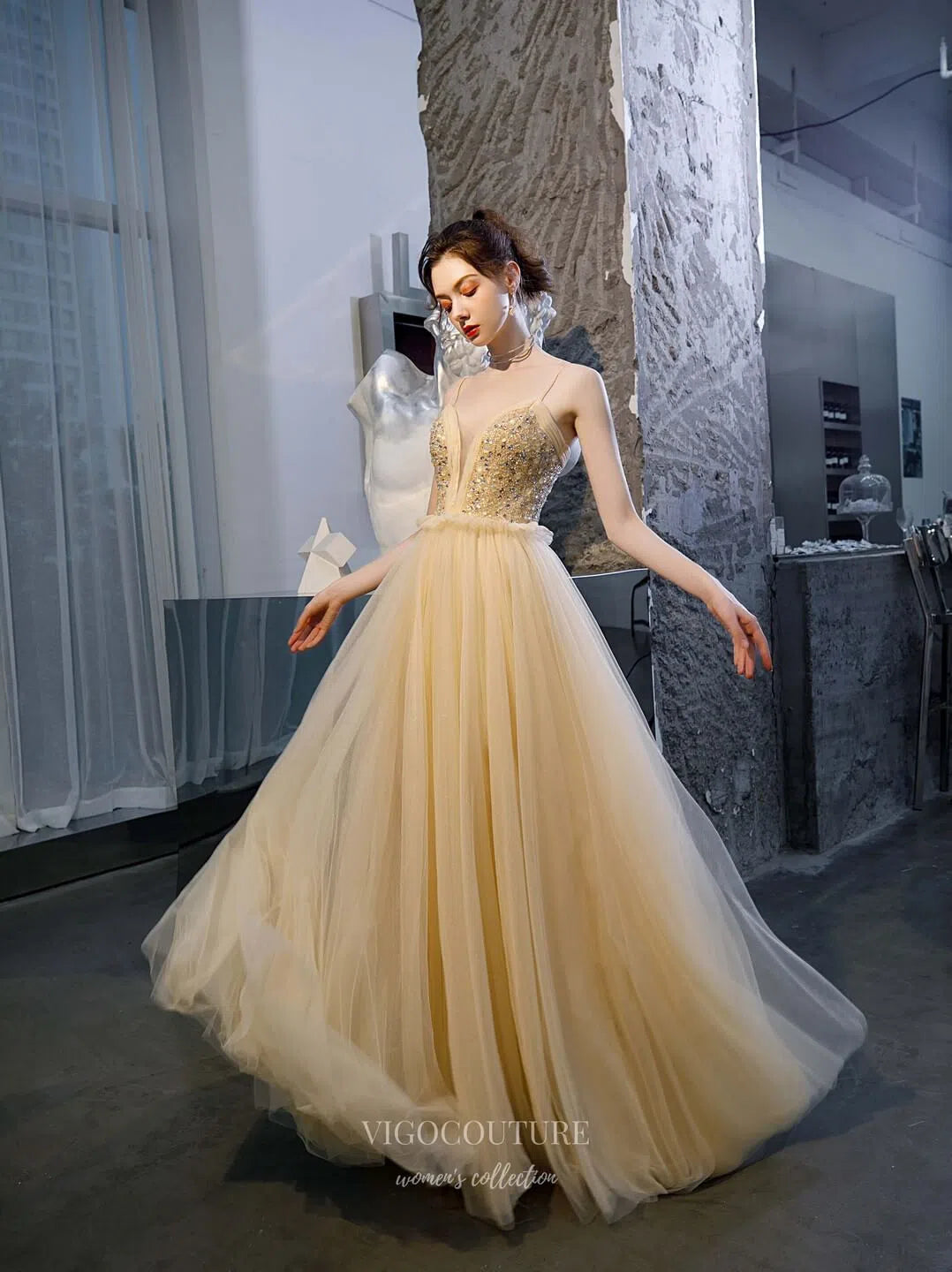 Plunging V-Neck Beaded Prom Dress 20205 Champagne / US8 Plunging V-Neck Beaded Prom Dress 20205 Champagne / US8