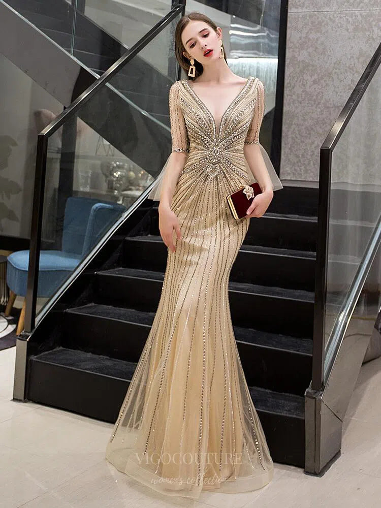 Plunging V-neck Mermaid Elbow Sleeve Beaded Prom Dresses 20090 Gold / Custom Size Plunging V-neck Mermaid Elbow Sleeve Beaded Prom Dresses 20090 Gold / Custom Size